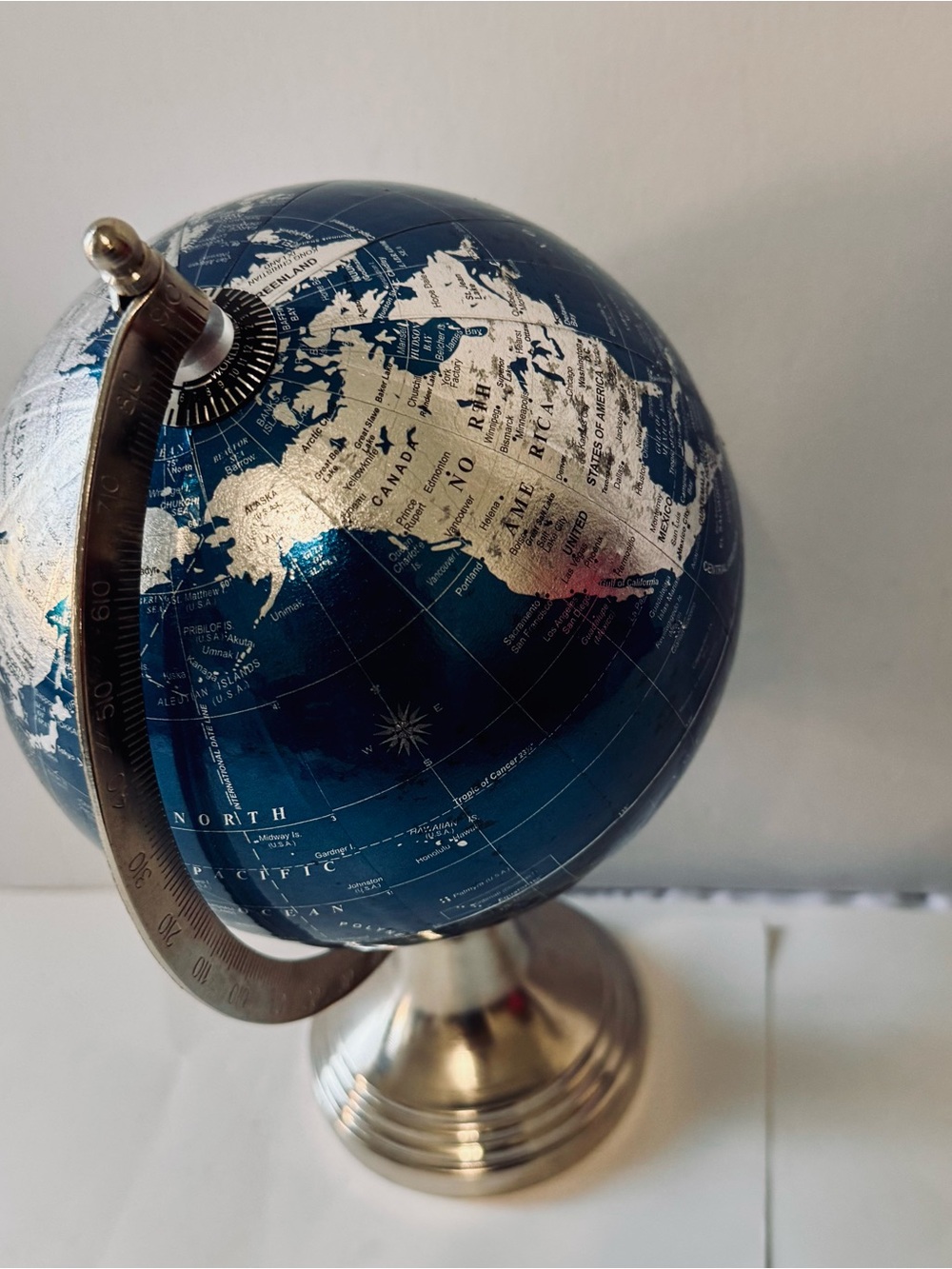 Blue Metallic World Globe Desk Decor with Metal Stand 13 Inch Rotating Earth Map - Picture 4 of 7